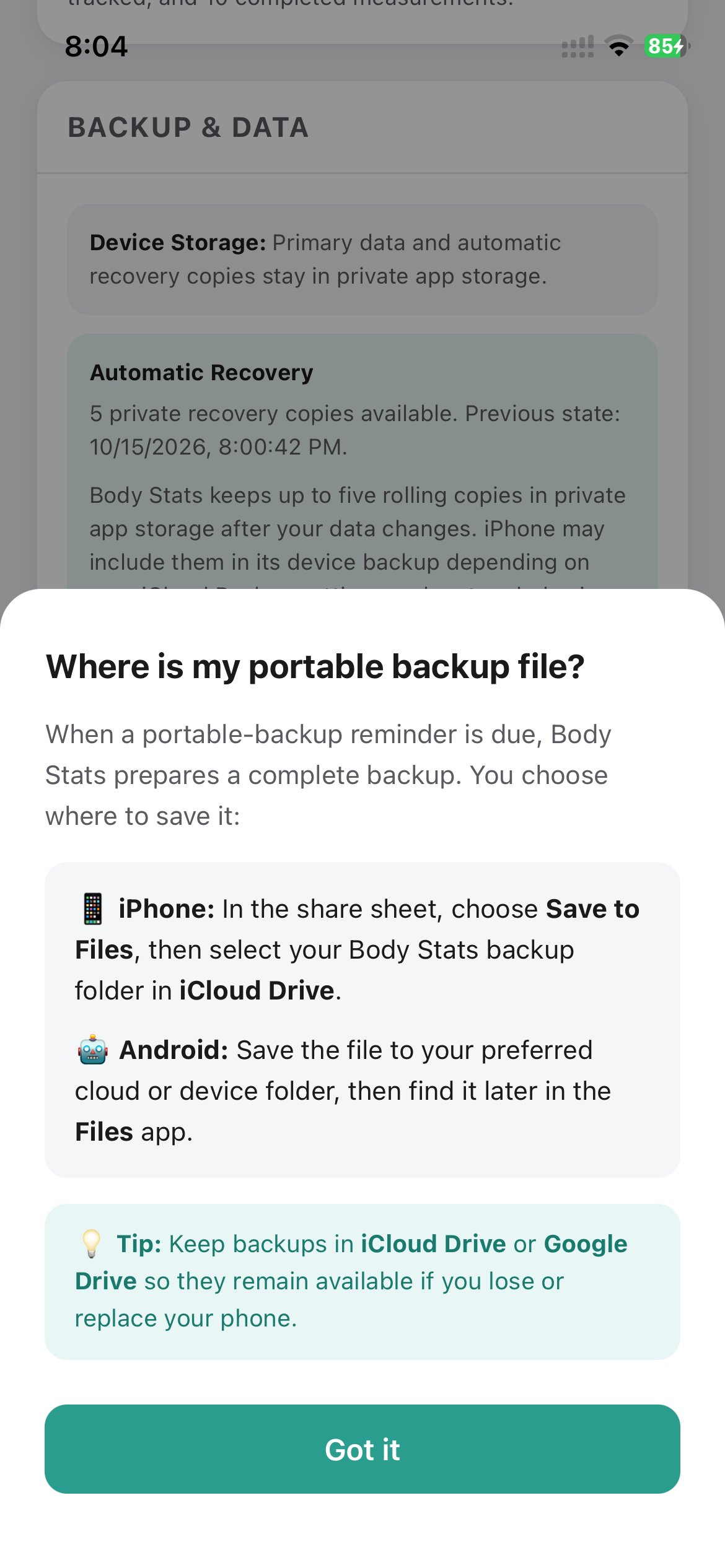 Portable backup help in Body Stats Settings