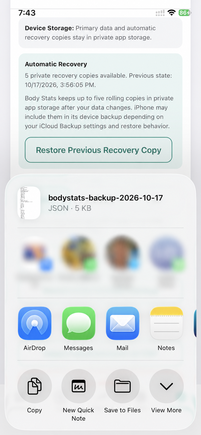 iPhone share sheet with personal suggestions obscured and the Save to Files action visible
