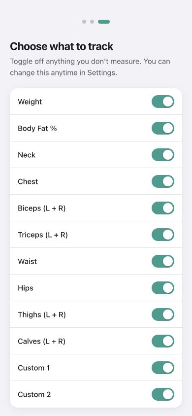 Body Stats measurement-selection screen with tracking switches