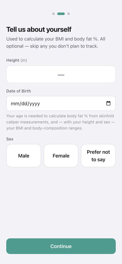Body Stats optional profile screen for height, date of birth, and sex