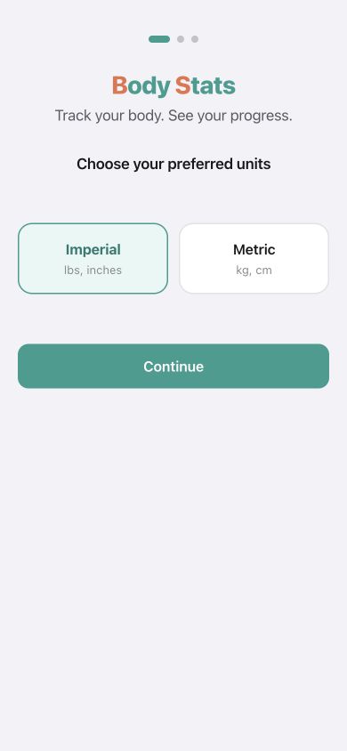 Body Stats preferred-units screen with Imperial and Metric choices